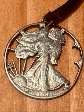 Cut out, Boho walking, liberty, design, pendant, silver with cord. Hippie Biker